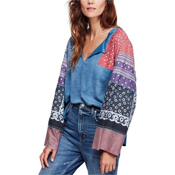 ✨FREE PEOPLE Shibuya Boho Sz Large Denim Patchwork Top✨ - Picture 5 of 12